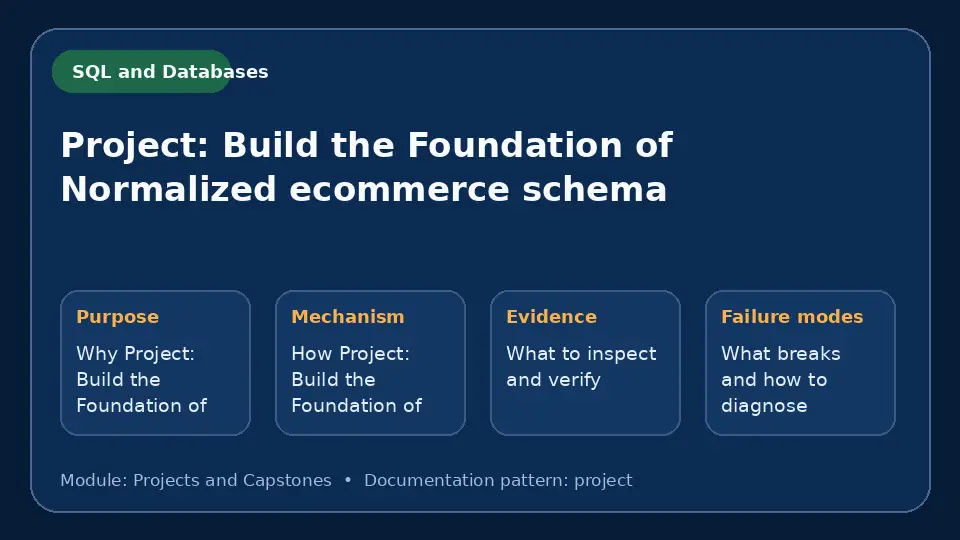 Concept map for Project: Build the Foundation of Normalized ecommerce schema showing purpose, mechanism, verification evidence and failure modes.