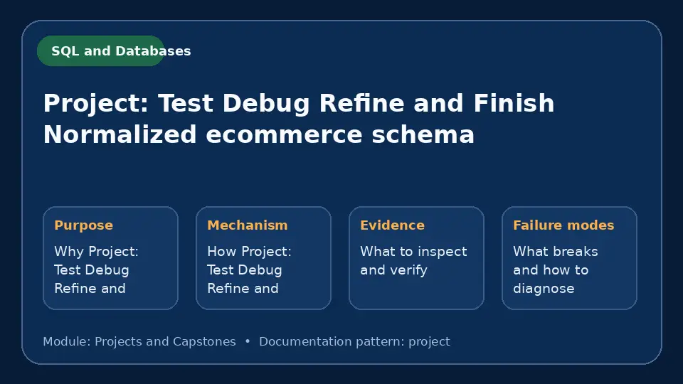 Concept map for Project: Test Debug Refine and Finish Normalized ecommerce schema showing purpose, mechanism, verification evidence and failure modes.