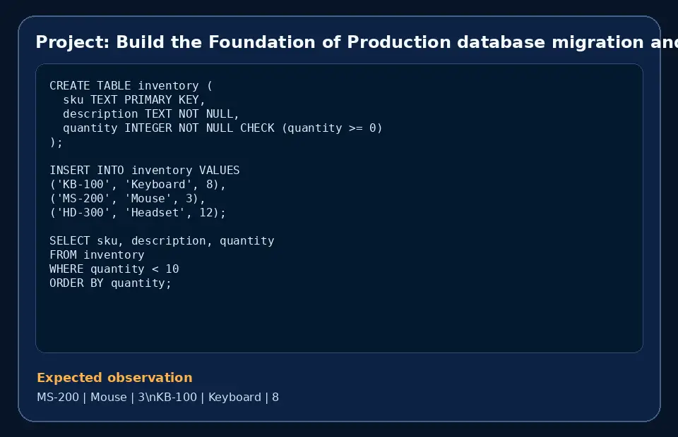 Code example for Project: Build the Foundation of Production database migration and backup plan with the expected observation.