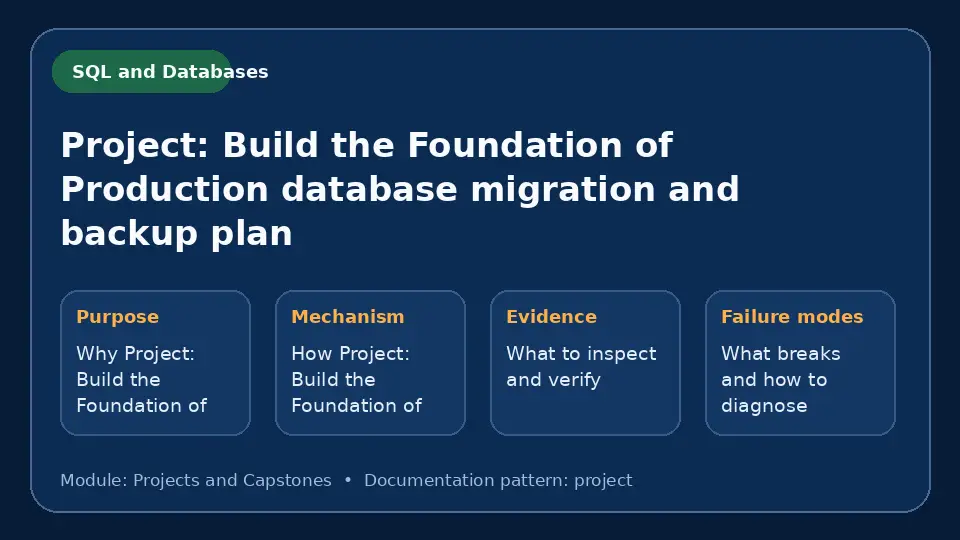 Concept map for Project: Build the Foundation of Production database migration and backup plan showing purpose, mechanism, verification evidence and failure modes.