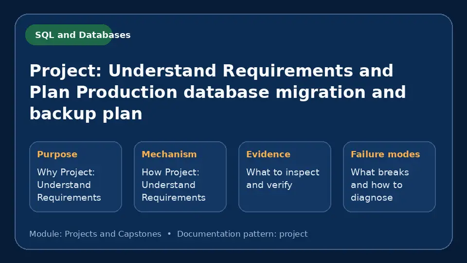 Concept map for Project: Understand Requirements and Plan Production database migration and backup plan showing purpose, mechanism, verification evidence and failure modes.