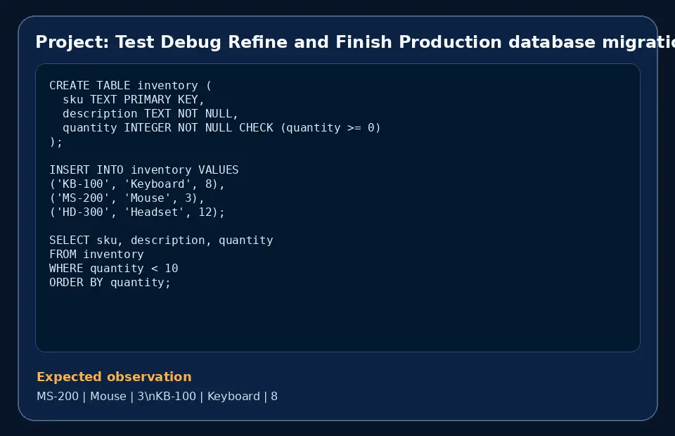 Code example for Project: Test Debug Refine and Finish Production database migration and backup plan with the expected observation.