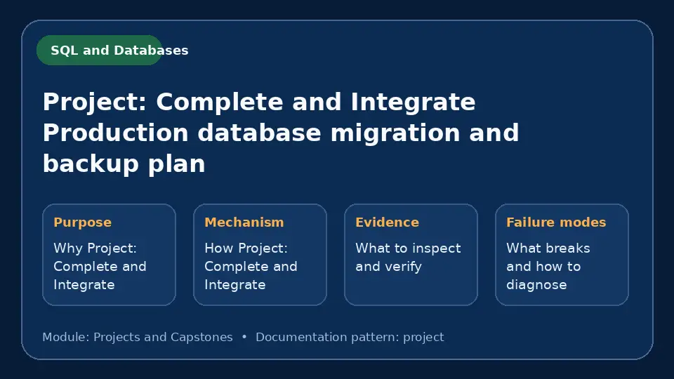 Concept map for Project: Complete and Integrate Production database migration and backup plan showing purpose, mechanism, verification evidence and failure modes.