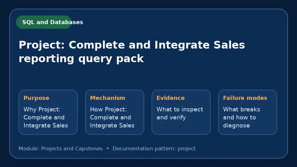 Concept map for Project: Complete and Integrate Sales reporting query pack showing purpose, mechanism, verification evidence and failure modes.
