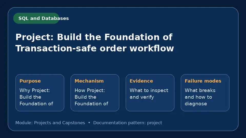 Concept map for Project: Build the Foundation of Transaction-safe order workflow showing purpose, mechanism, verification evidence and failure modes.