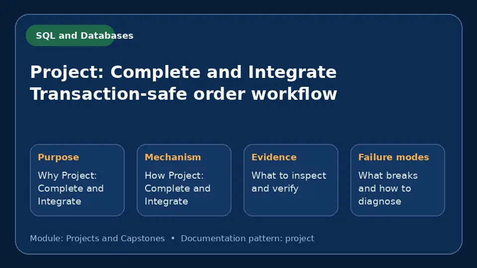 Concept map for Project: Complete and Integrate Transaction-safe order workflow showing purpose, mechanism, verification evidence and failure modes.