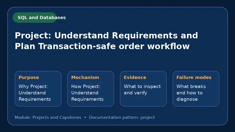 Concept map for Project: Understand Requirements and Plan Transaction-safe order workflow showing purpose, mechanism, verification evidence and failure modes.