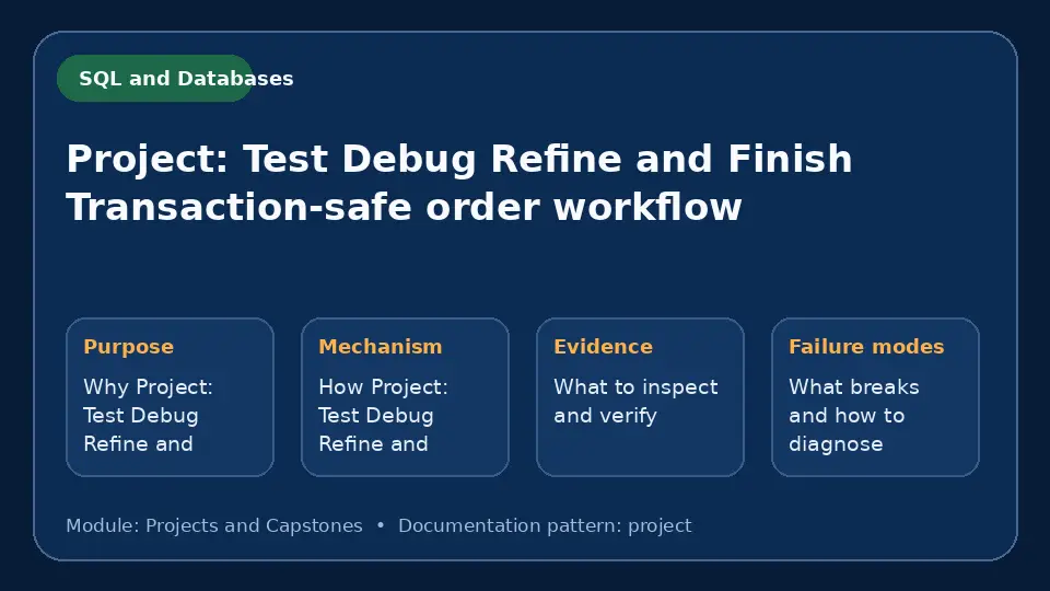 Concept map for Project: Test Debug Refine and Finish Transaction-safe order workflow showing purpose, mechanism, verification evidence and failure modes.