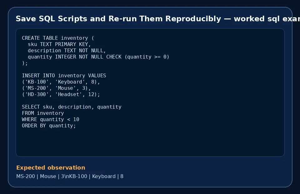 Code example for Save SQL Scripts and Re-run Them Reproducibly with the expected observation.