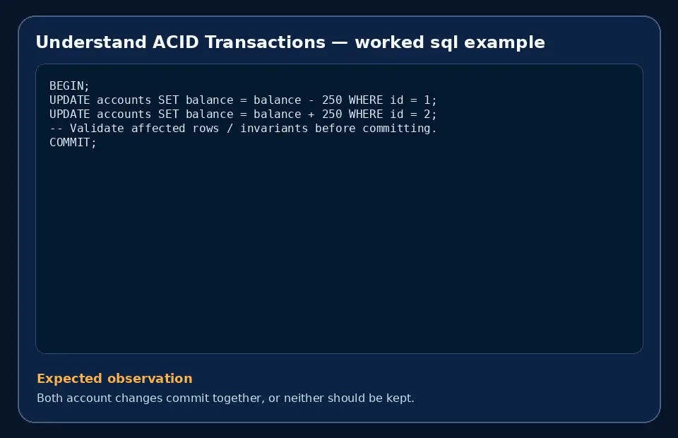 Code example for Understand ACID Transactions with the expected observation.