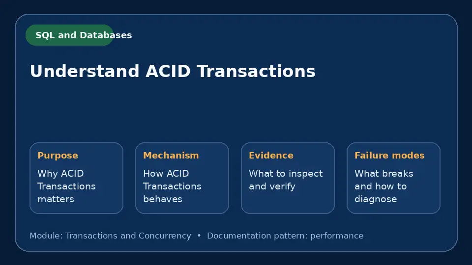 Concept map for Understand ACID Transactions showing purpose, mechanism, verification evidence and failure modes.