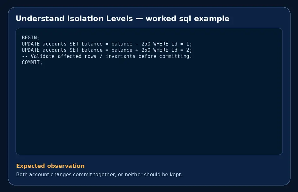 Code example for Understand Isolation Levels with the expected observation.