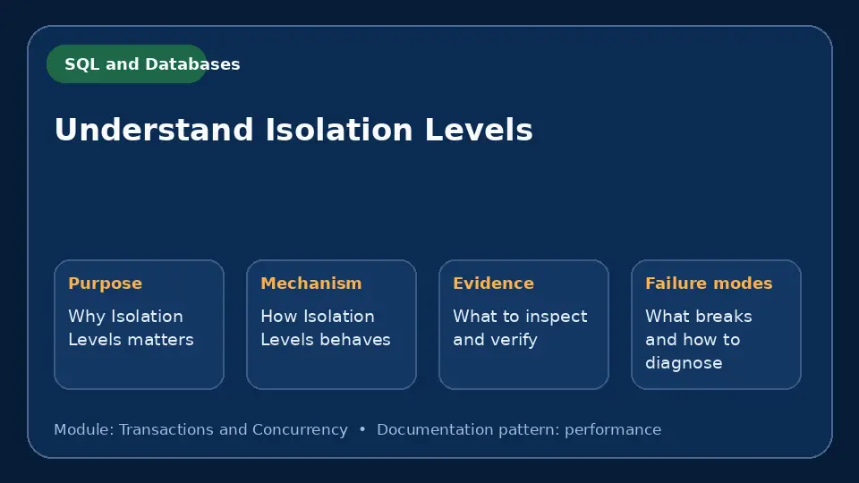 Concept map for Understand Isolation Levels showing purpose, mechanism, verification evidence and failure modes.