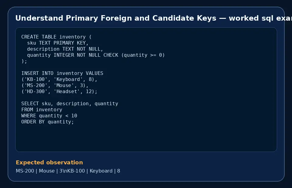 Code example for Understand Primary Foreign and Candidate Keys with the expected observation.