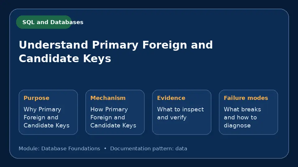 Concept map for Understand Primary Foreign and Candidate Keys showing purpose, mechanism, verification evidence and failure modes.