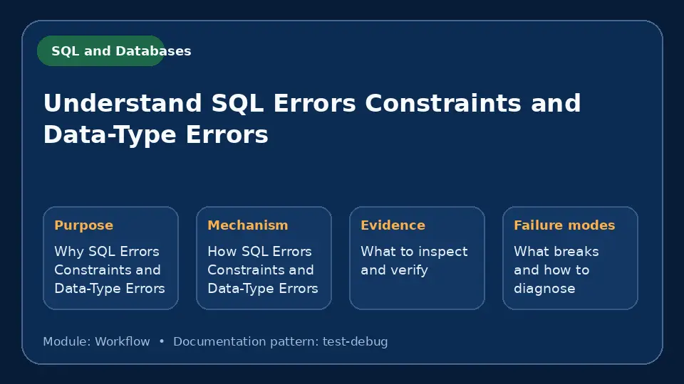 Concept map for Understand SQL Errors Constraints and Data-Type Errors showing purpose, mechanism, verification evidence and failure modes.