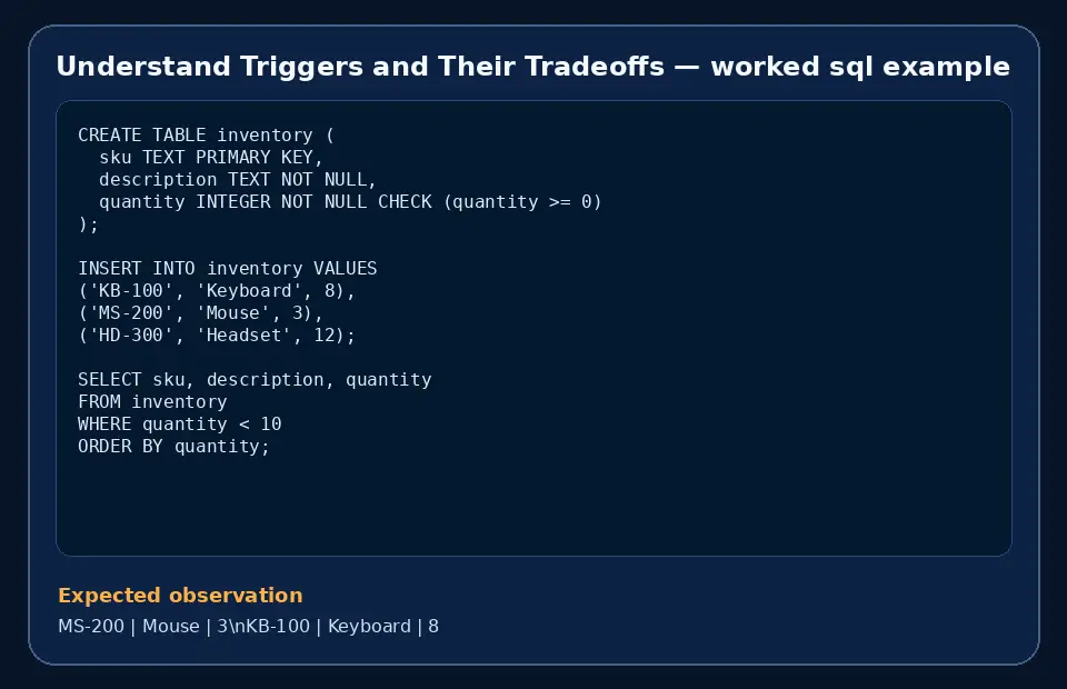 Code example for Understand Triggers and Their Tradeoffs with the expected observation.