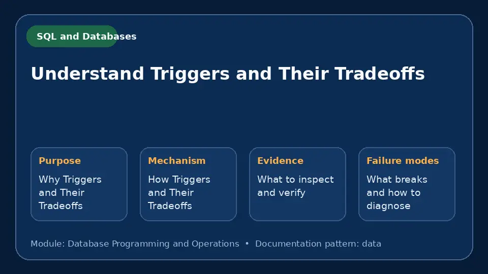 Concept map for Understand Triggers and Their Tradeoffs showing purpose, mechanism, verification evidence and failure modes.