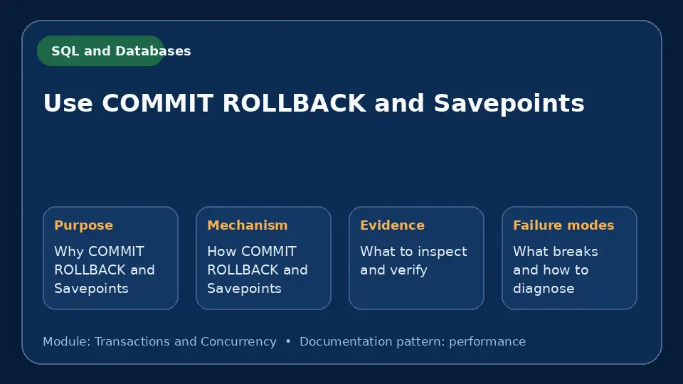 Concept map for Use COMMIT ROLLBACK and Savepoints showing purpose, mechanism, verification evidence and failure modes.