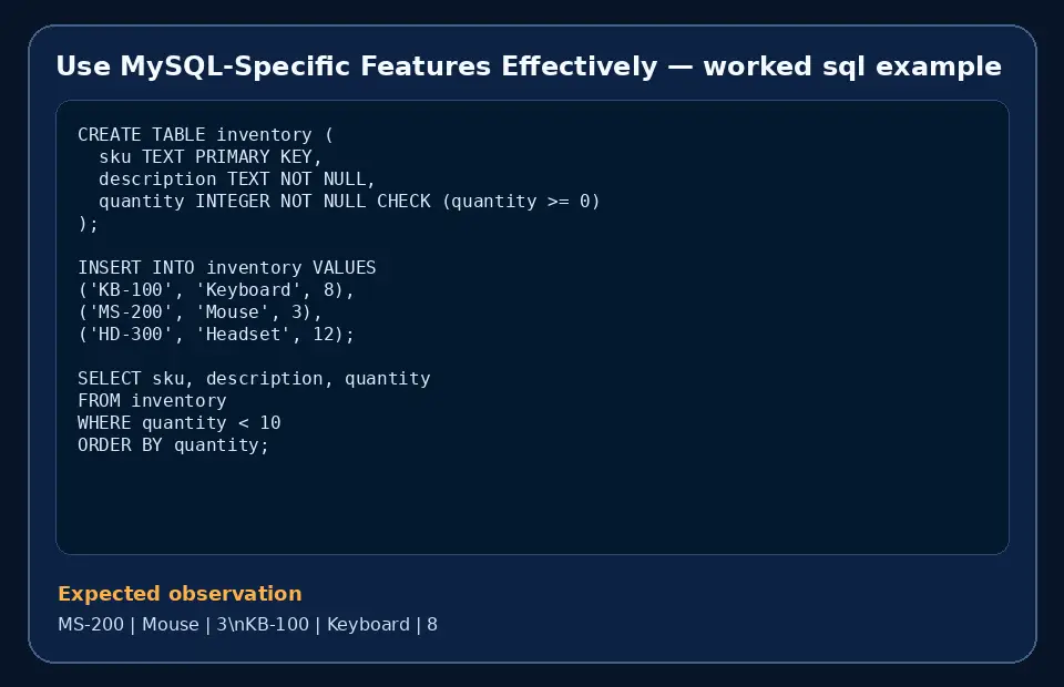 Code example for Use MySQL-Specific Features Effectively with the expected observation.