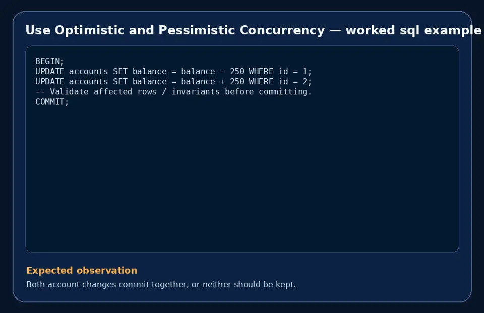 Code example for Use Optimistic and Pessimistic Concurrency with the expected observation.