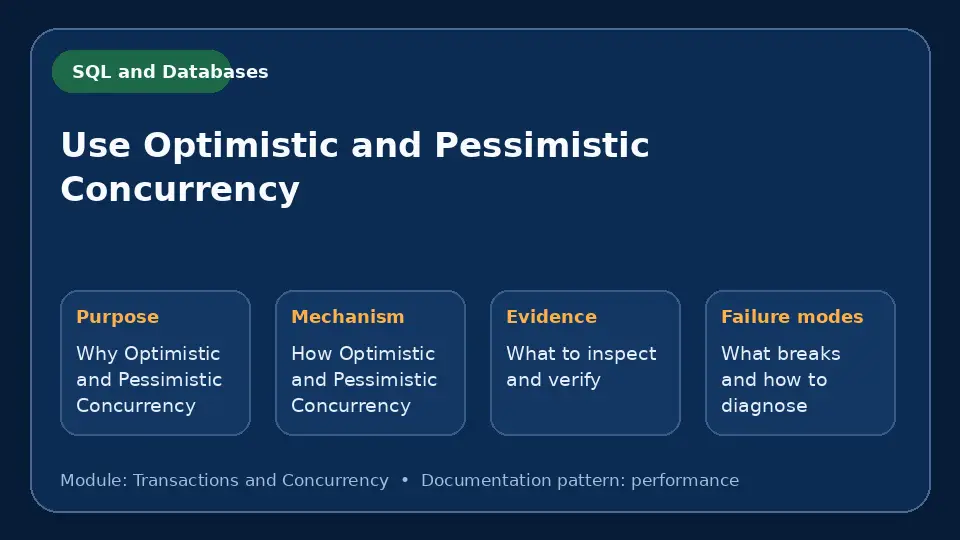 Concept map for Use Optimistic and Pessimistic Concurrency showing purpose, mechanism, verification evidence and failure modes.