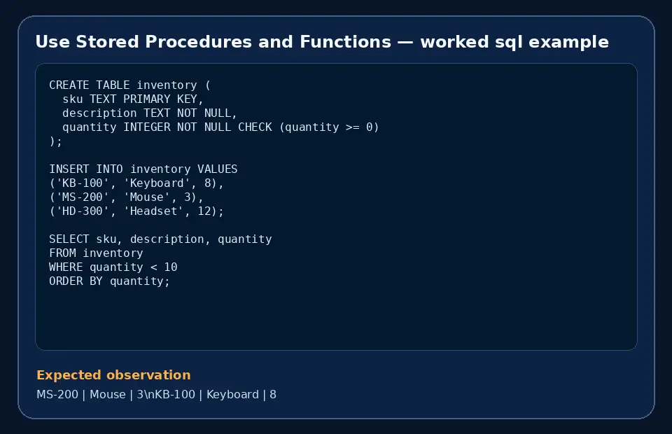 Code example for Use Stored Procedures and Functions with the expected observation.