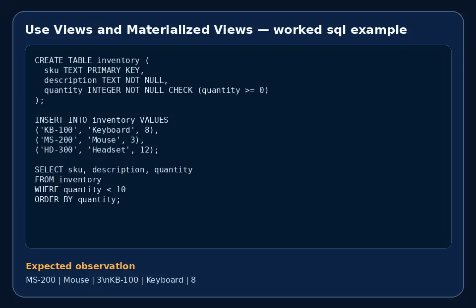 Code example for Use Views and Materialized Views with the expected observation.