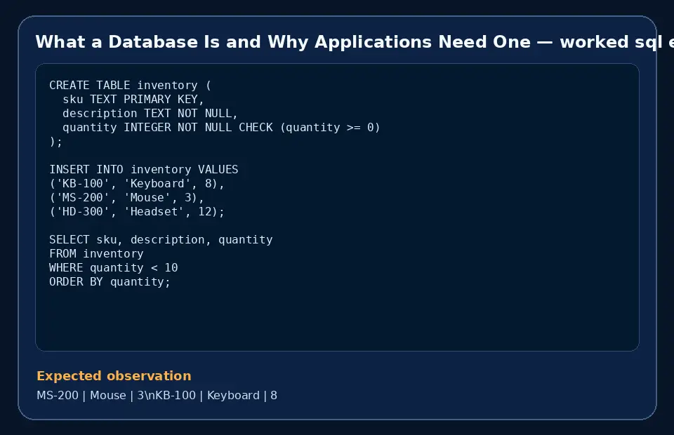 Code example for What a Database Is and Why Applications Need One with the expected observation.