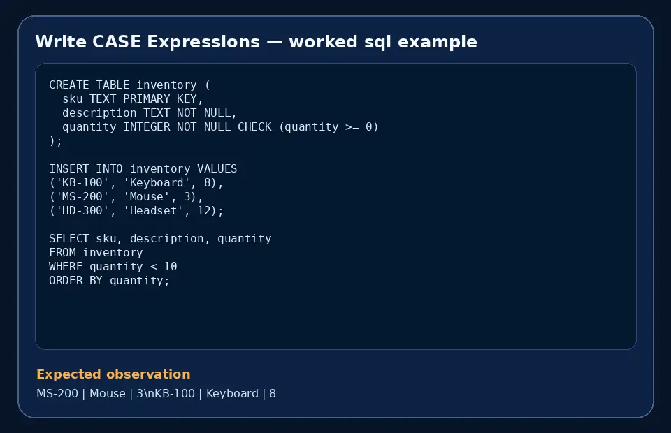 Code example for Write CASE Expressions with the expected observation.