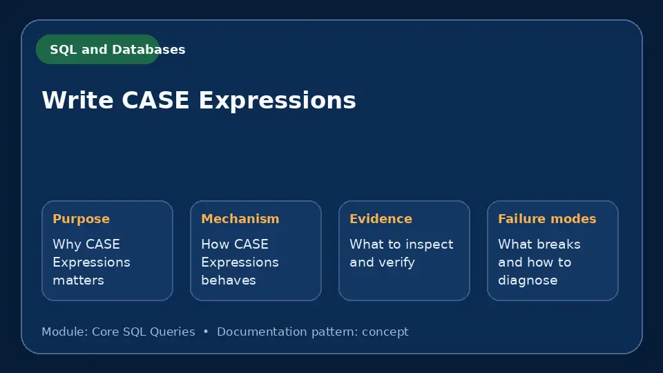 Concept map for Write CASE Expressions showing purpose, mechanism, verification evidence and failure modes.