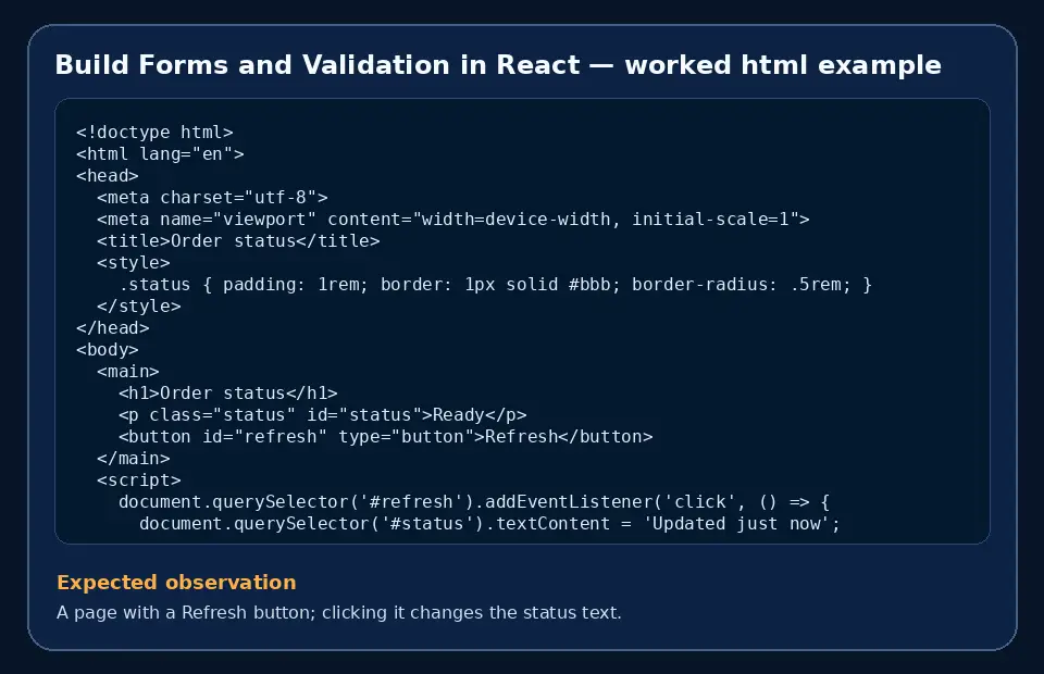 Code example for Build Forms and Validation in React with the expected observation.