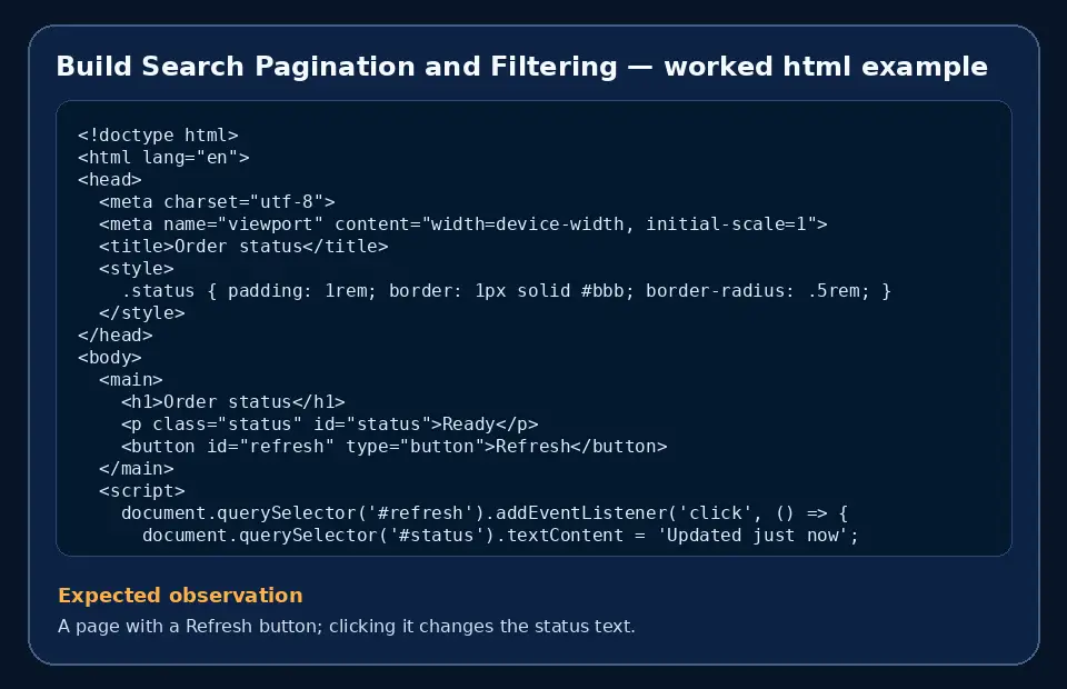 Code example for Build Search Pagination and Filtering with the expected observation.