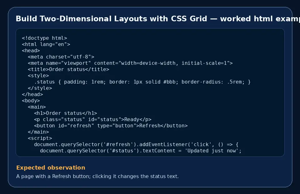 Code example for Build Two-Dimensional Layouts with CSS Grid with the expected observation.