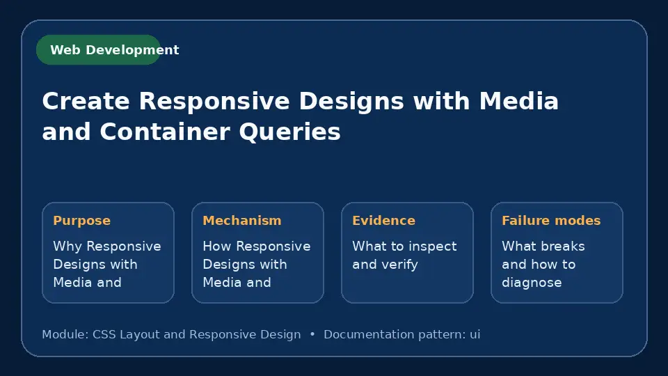 Concept map for Create Responsive Designs with Media and Container Queries showing purpose, mechanism, verification evidence and failure modes.