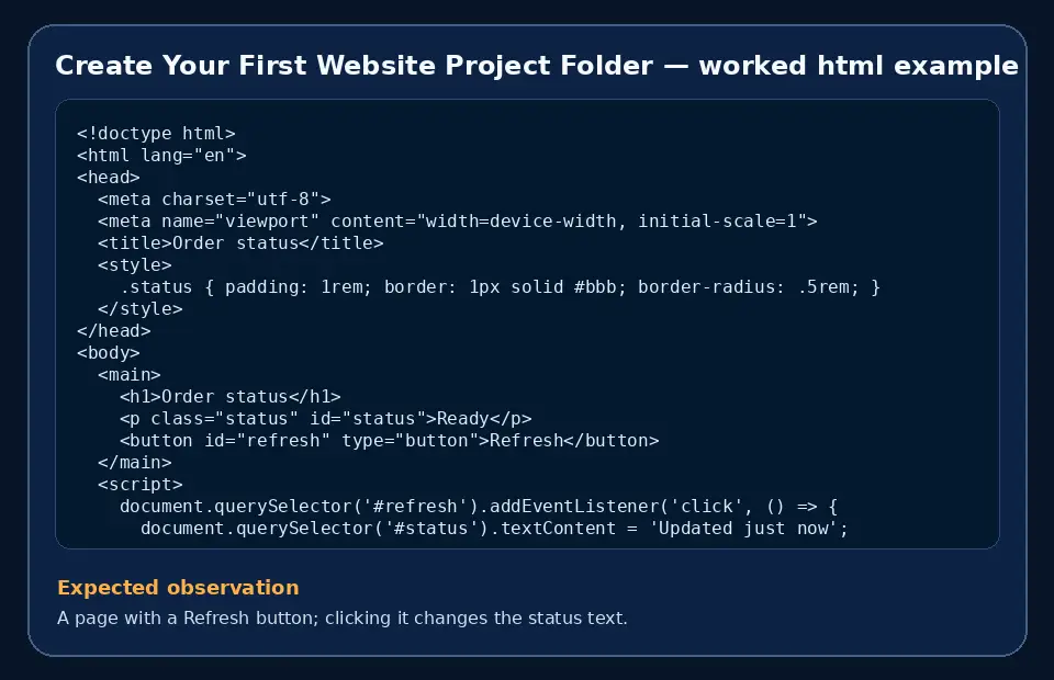 Code example for Create Your First Website Project Folder with the expected observation.