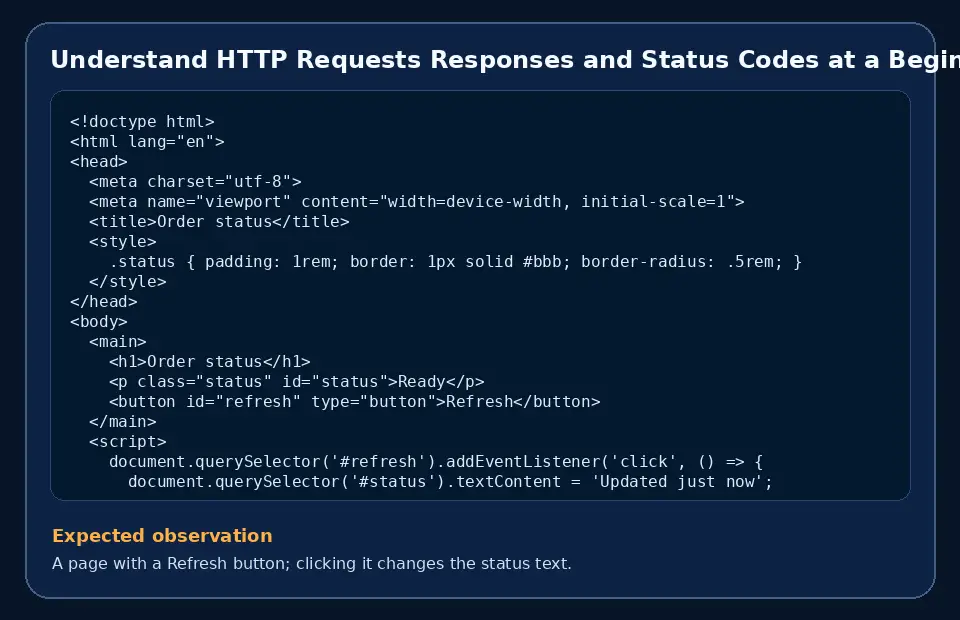 Code example for Understand HTTP Requests Responses and Status Codes at a Beginner Level with the expected observation.