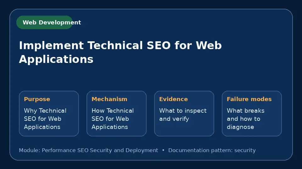 Concept map for Implement Technical SEO for Web Applications showing purpose, mechanism, verification evidence and failure modes.