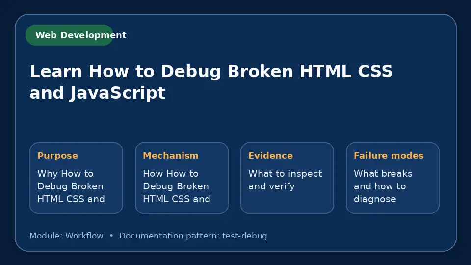 Concept map for Learn How to Debug Broken HTML CSS and JavaScript showing purpose, mechanism, verification evidence and failure modes.