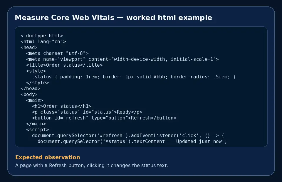 Code example for Measure Core Web Vitals with the expected observation.