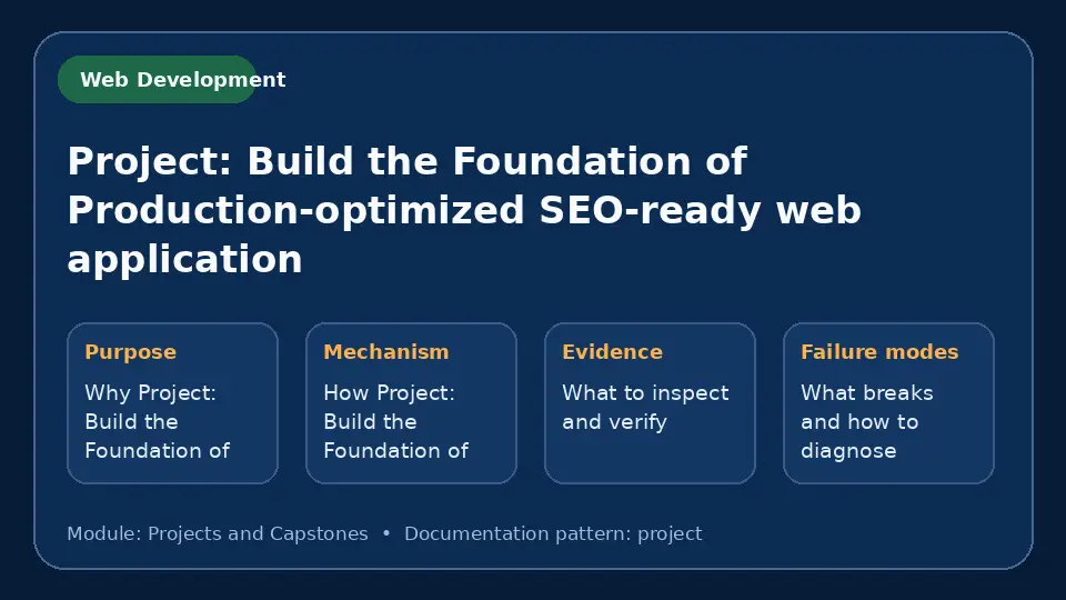 Concept map for Project: Build the Foundation of Production-optimized SEO-ready web application showing purpose, mechanism, verification evidence and failure modes.