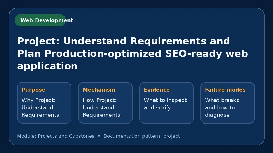 Concept map for Project: Understand Requirements and Plan Production-optimized SEO-ready web application showing purpose, mechanism, verification evidence and failure modes.