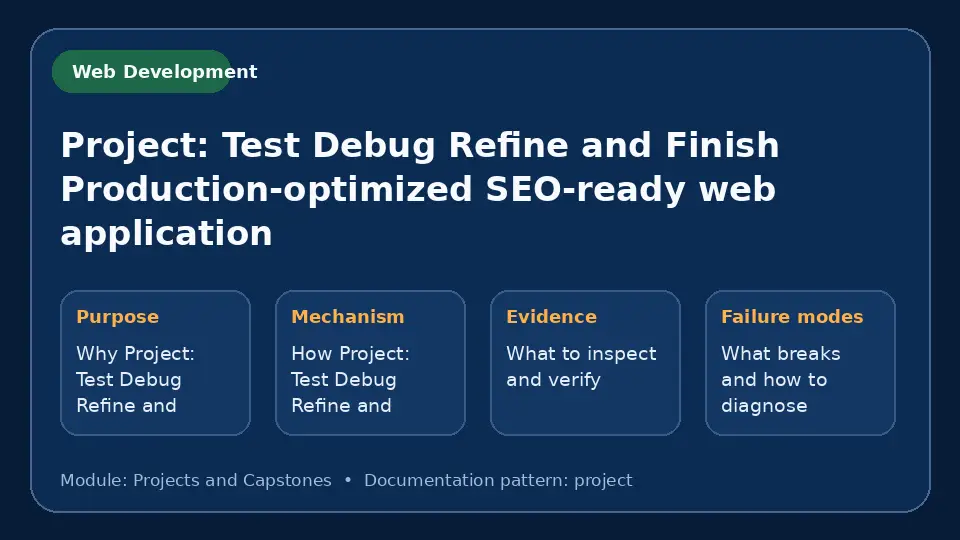 Concept map for Project: Test Debug Refine and Finish Production-optimized SEO-ready web application showing purpose, mechanism, verification evidence and failure modes.