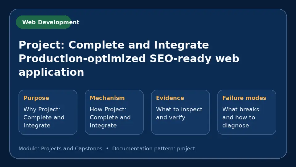 Concept map for Project: Complete and Integrate Production-optimized SEO-ready web application showing purpose, mechanism, verification evidence and failure modes.