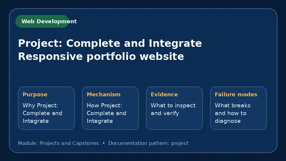 Concept map for Project: Complete and Integrate Responsive portfolio website showing purpose, mechanism, verification evidence and failure modes.