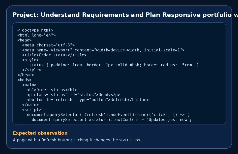 Code example for Project: Understand Requirements and Plan Responsive portfolio website with the expected observation.
