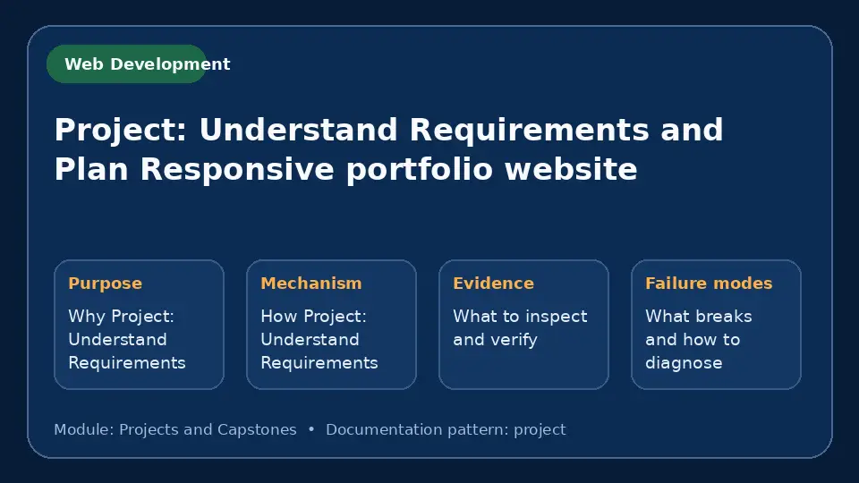 Concept map for Project: Understand Requirements and Plan Responsive portfolio website showing purpose, mechanism, verification evidence and failure modes.