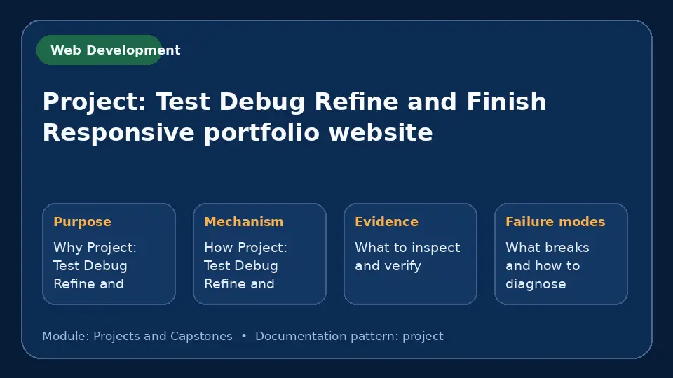 Concept map for Project: Test Debug Refine and Finish Responsive portfolio website showing purpose, mechanism, verification evidence and failure modes.