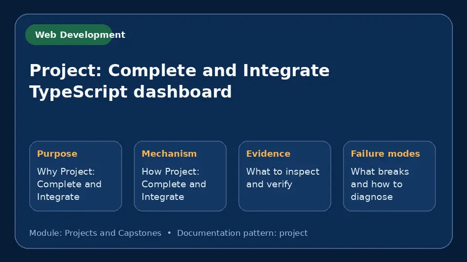 Concept map for Project: Complete and Integrate TypeScript dashboard showing purpose, mechanism, verification evidence and failure modes.