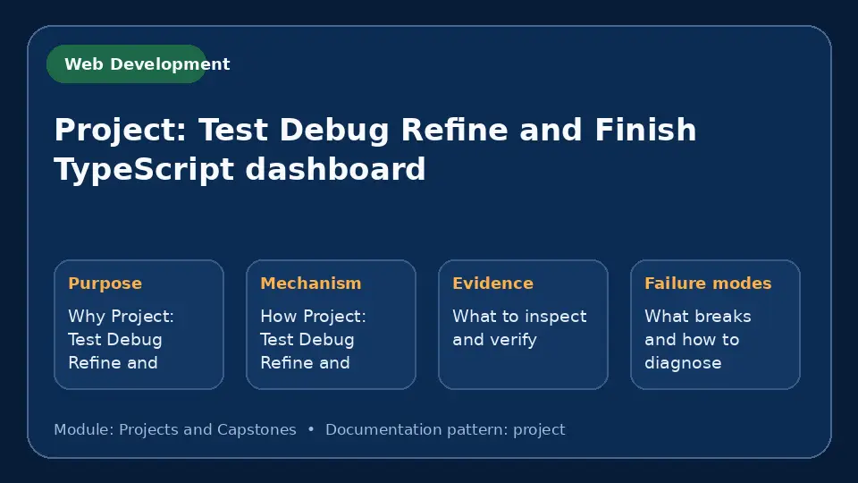 Concept map for Project: Test Debug Refine and Finish TypeScript dashboard showing purpose, mechanism, verification evidence and failure modes.